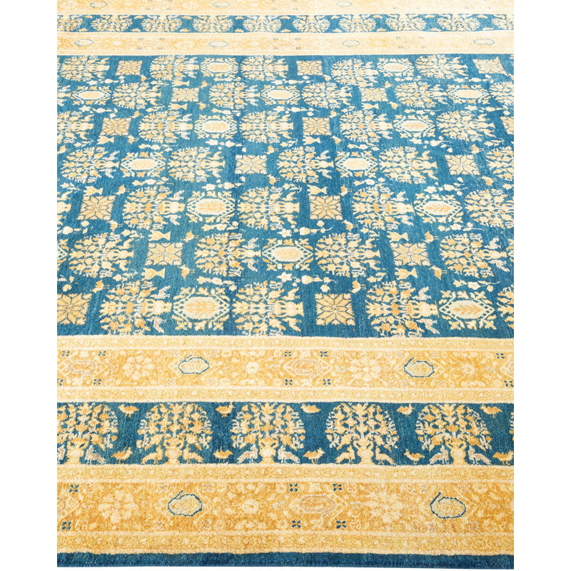 Hand-Knotted Blue and Gold Wool Area Rug 6' 2" x 8' 8"