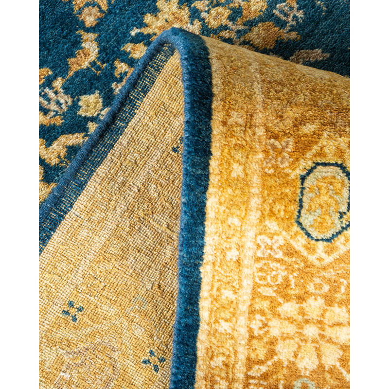 Hand-Knotted Blue and Gold Wool Area Rug 6' 2" x 8' 8"