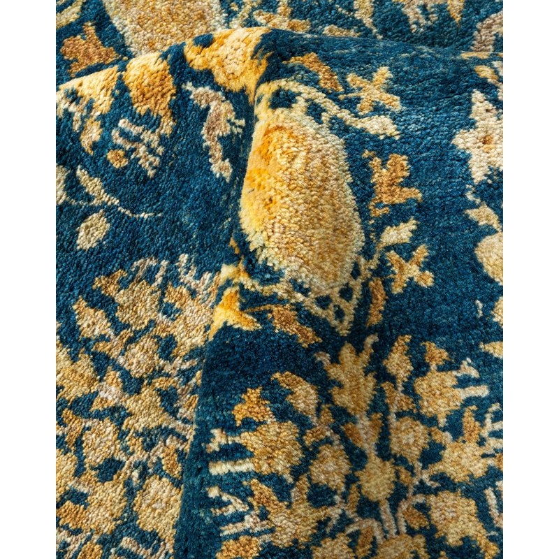 Hand-Knotted Blue and Gold Wool Area Rug 6' 2" x 8' 8"