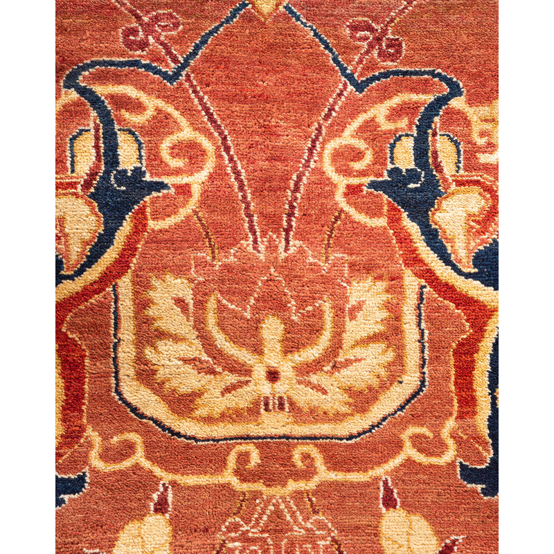 Mogul Elegance Hand-Knotted Wool Orange Oriental Area Rug 9'2" x 11'10"