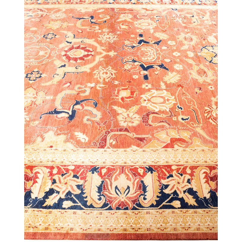 Mogul Elegance Hand-Knotted Wool Orange Oriental Area Rug 9'2" x 11'10"
