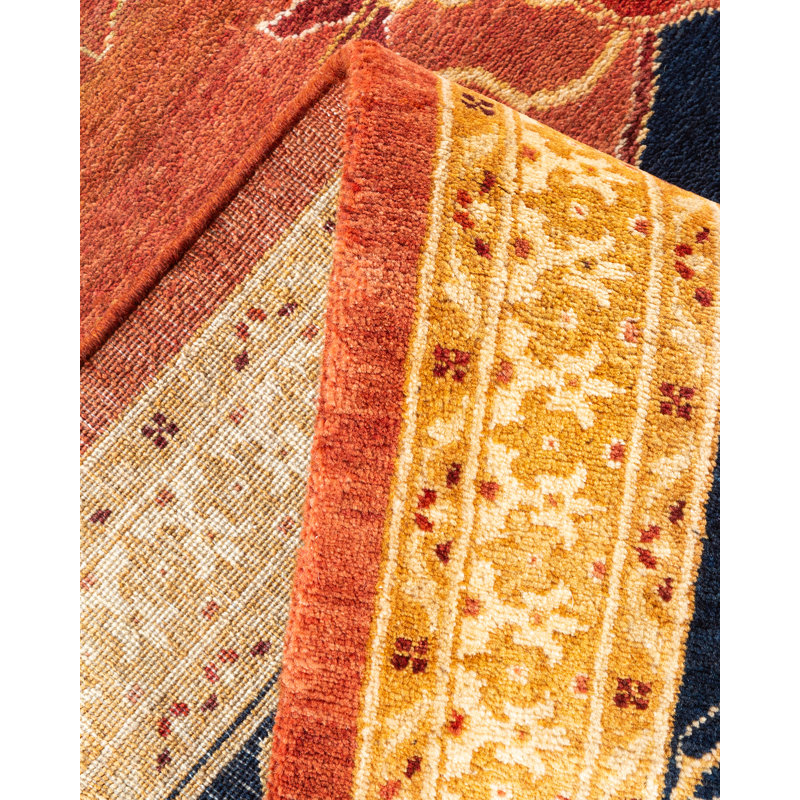 Mogul Elegance Hand-Knotted Wool Orange Oriental Area Rug 9'2" x 11'10"