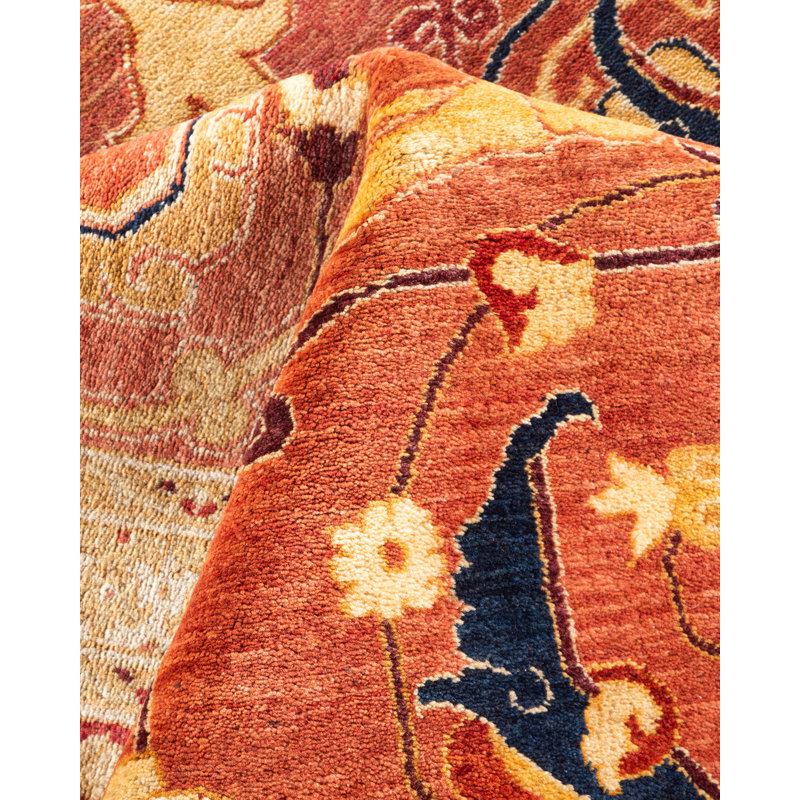 Mogul Elegance Hand-Knotted Wool Orange Oriental Area Rug 9'2" x 11'10"