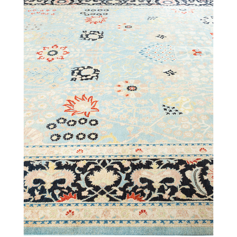 Hand-Knotted Light Blue Wool Floral 9'1" x 12'3" Area Rug