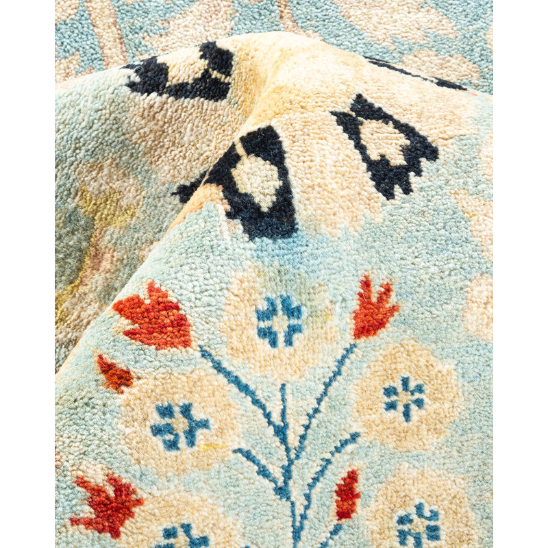 Hand-Knotted Light Blue Wool Floral 9'1" x 12'3" Area Rug