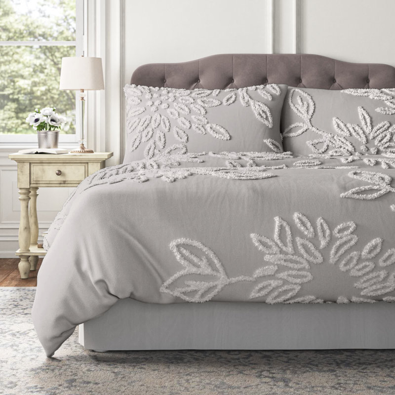 Off-White Cotton Chenille Floral Full/Queen Duvet Cover Set