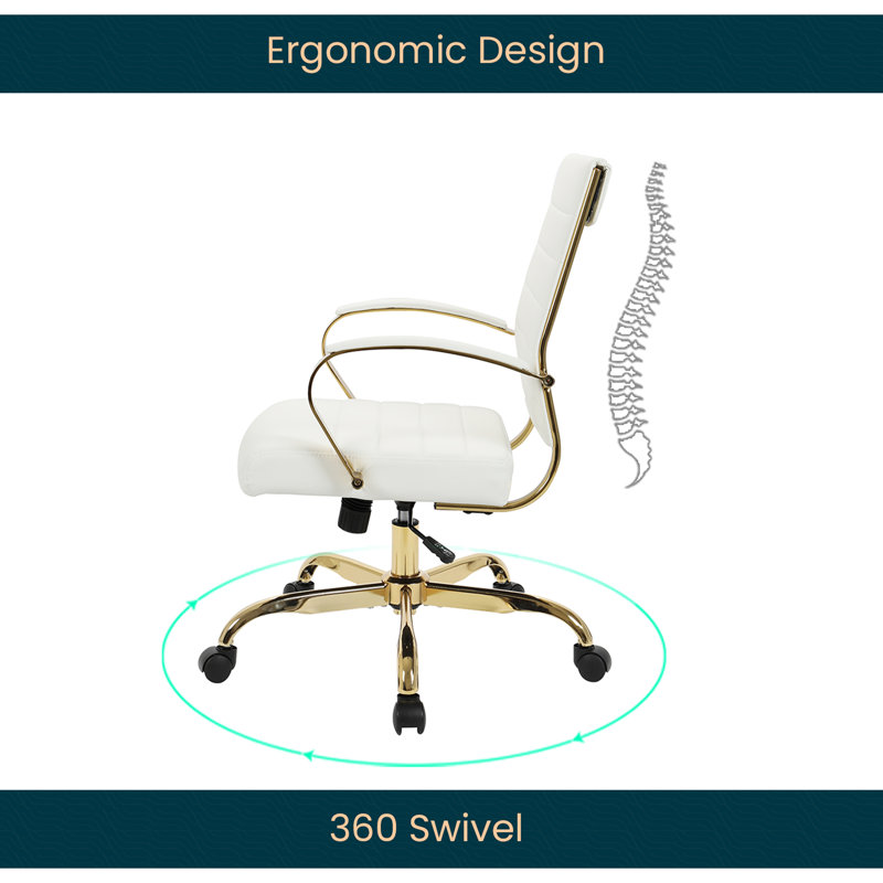Maykoosh 24" White Leather Swivel Office Chair with Gold Metal Frame