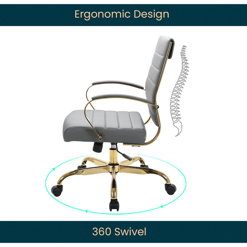 ErgoSwivel Mid-Century Gray Leather Office Chair with Gold Metal Frame