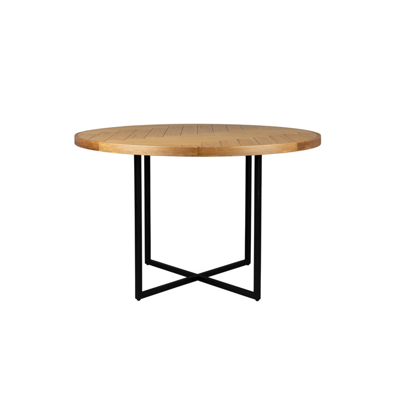 Round Natural Oak Wood Dining Table with Black Metal Base