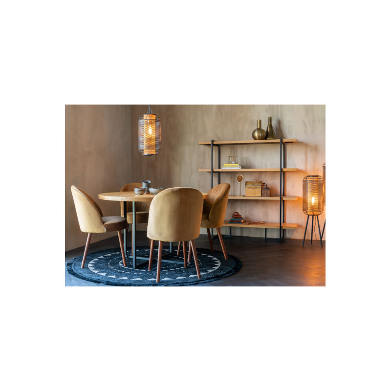 Round Natural Oak Wood Dining Table with Black Metal Base