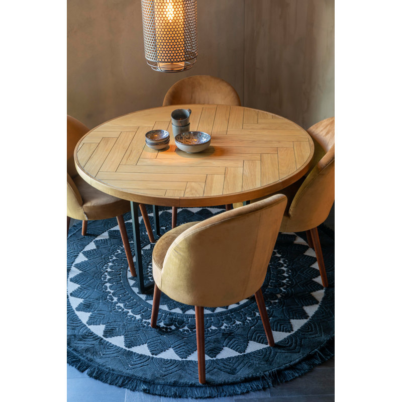 Round Natural Oak Wood Dining Table with Black Metal Base