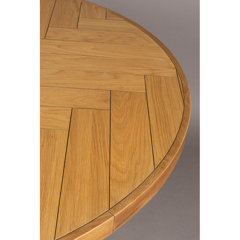 Round Natural Oak Wood Dining Table with Black Metal Base