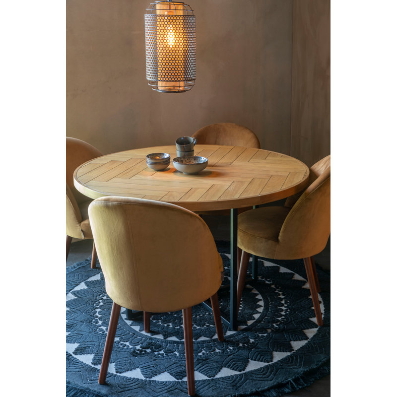 Round Natural Oak Wood Dining Table with Black Metal Base