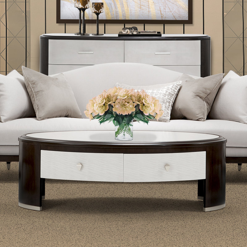Transitional Brown and White Oval Wood Coffee Table with Storage