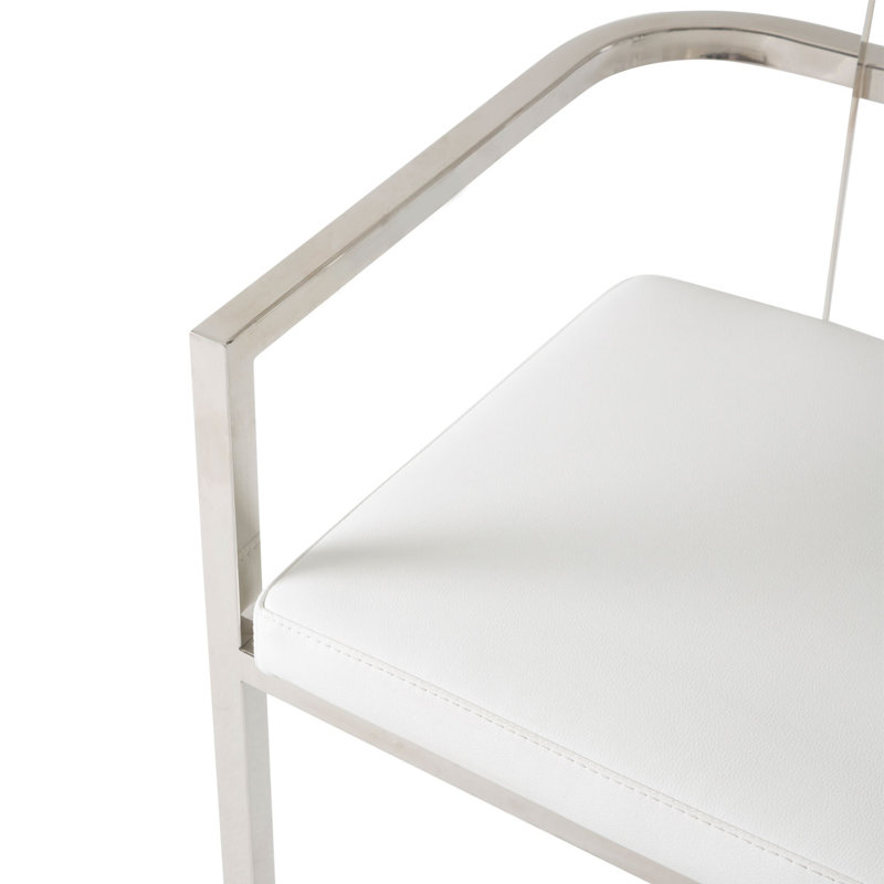 Glossy White Leather and Metal Upholstered Arm Chair