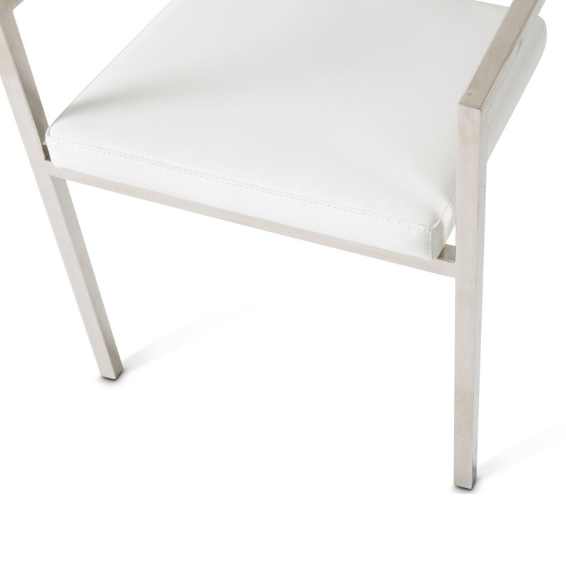 Glossy White Leather and Metal Upholstered Arm Chair