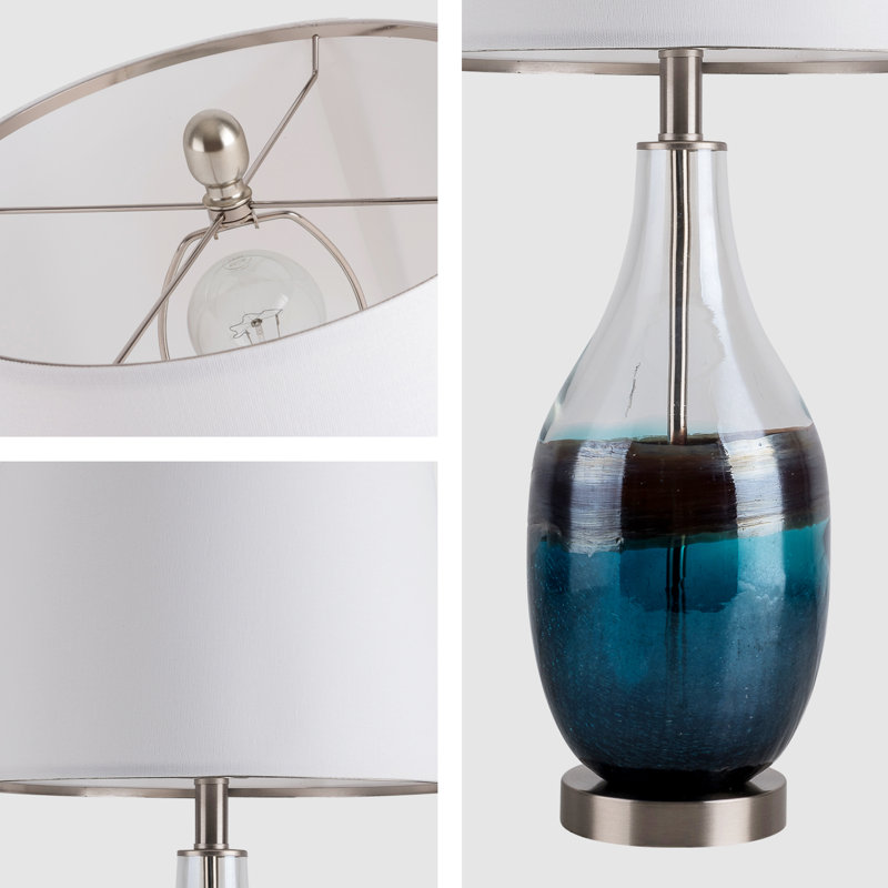 Set of 2 White Linen Shade Glass Bedside Lamps
