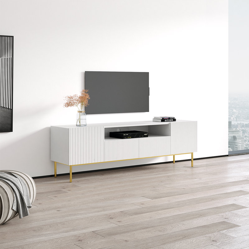 Nicole Matte White 75" Mid-Century Modern Media Console with Cabinets