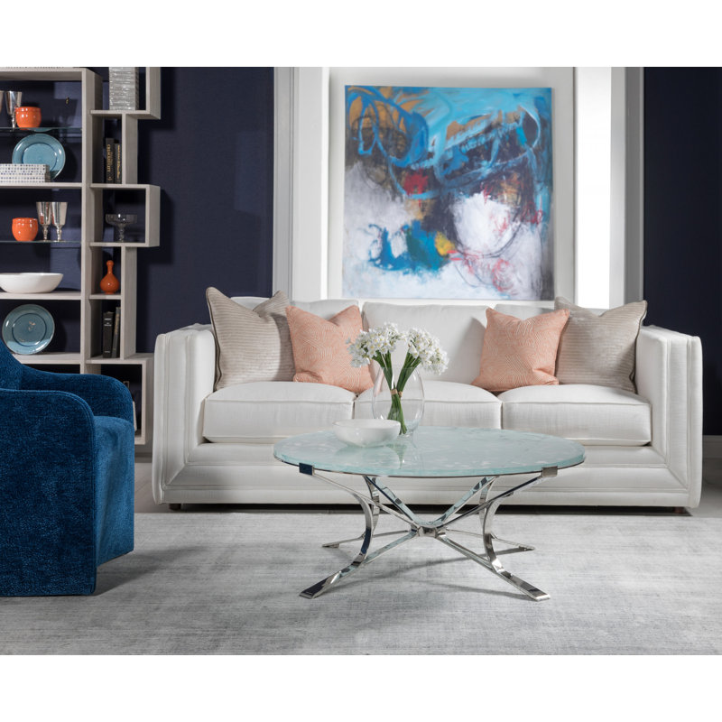 Round Blue and Silver Glass Metal Cocktail Table