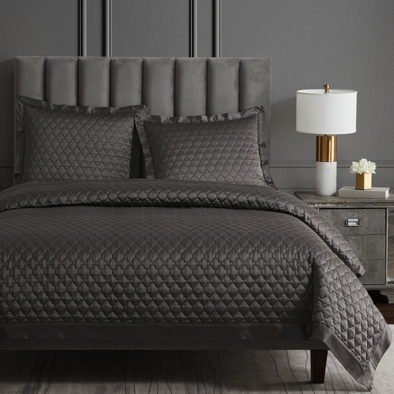 Espresso Satin King Quilt Set with Quatrefoil Embroidery