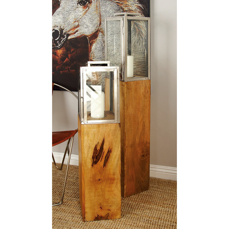 Brown Mango Wood and Glass Hanging Candle Lantern