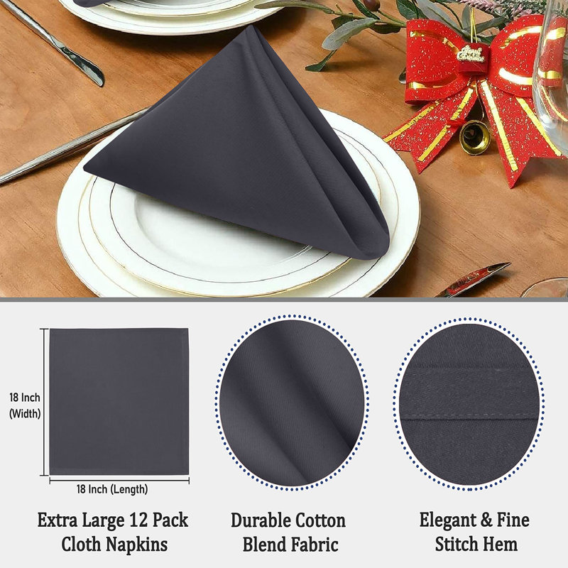 Dark Gray Cotton Blend Square Cloth Napkins, 18x18 Inch, Set of 12