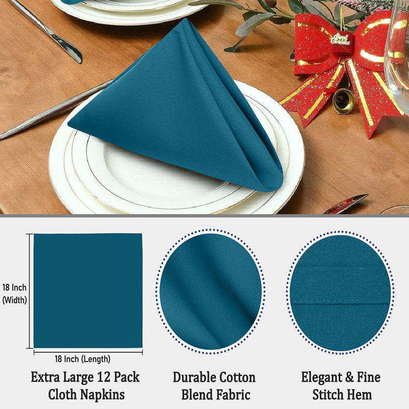 Teal Cotton-Blend Square Twill Cloth Napkins, Set of 12