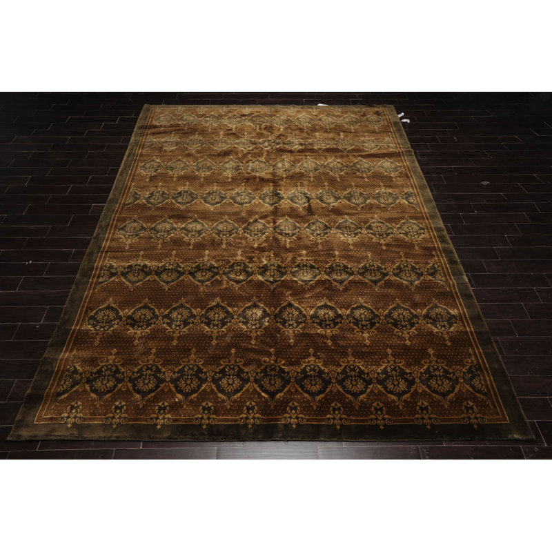 Hand-Knotted Brown and Olive Wool Oriental 10' x 14' Area Rug