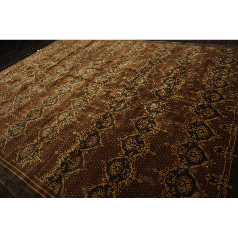Hand-Knotted Brown and Olive Wool Oriental 10' x 14' Area Rug
