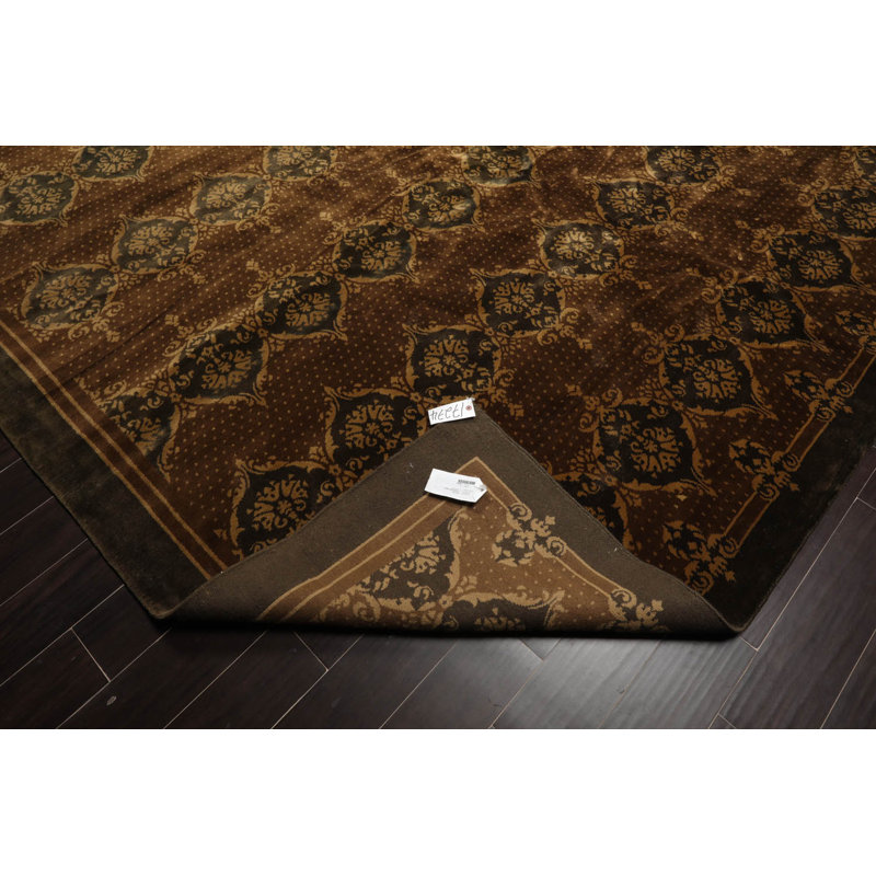 Hand-Knotted Brown and Olive Wool Oriental 10' x 14' Area Rug