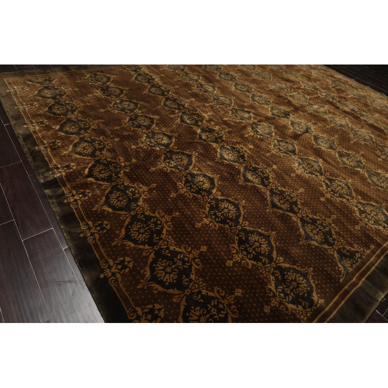 Hand-Knotted Brown and Olive Wool Oriental 10' x 14' Area Rug