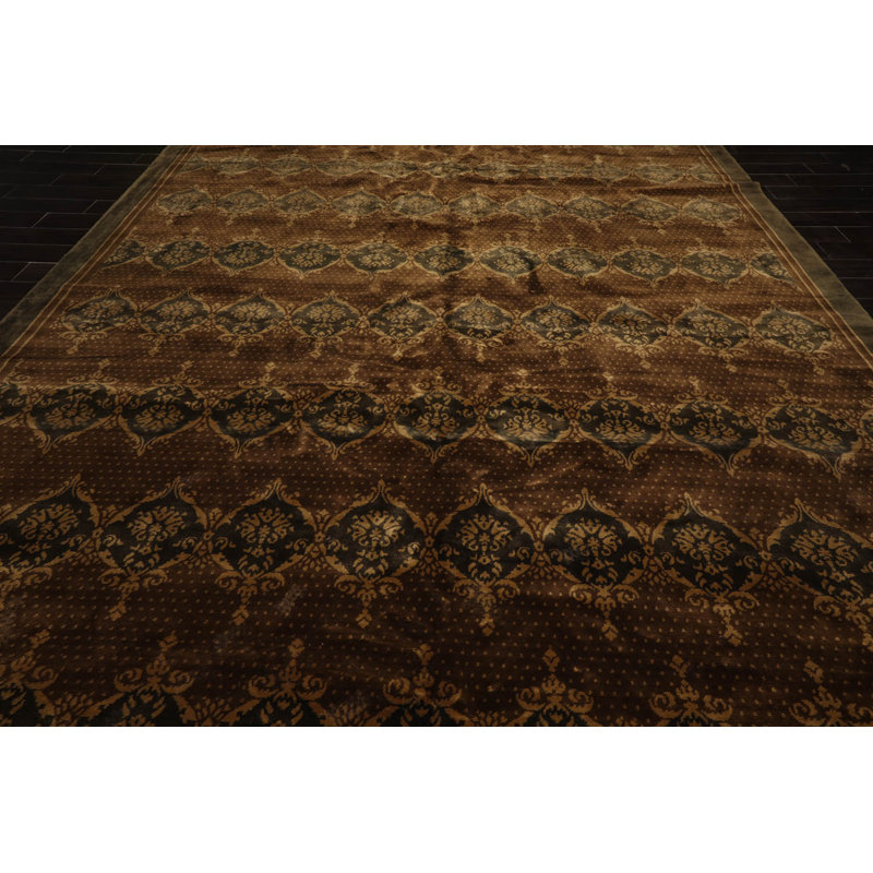 Hand-Knotted Brown and Olive Wool Oriental 10' x 14' Area Rug