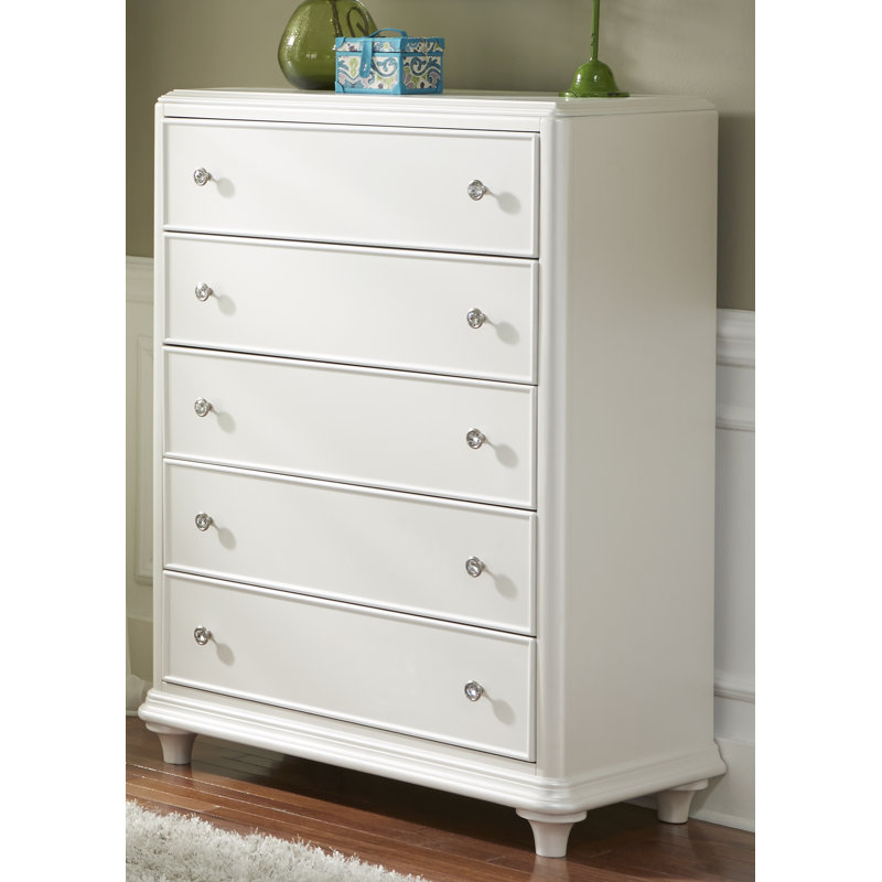 Stardust Iridescent White 5-Drawer Dresser with Crystal Knobs
