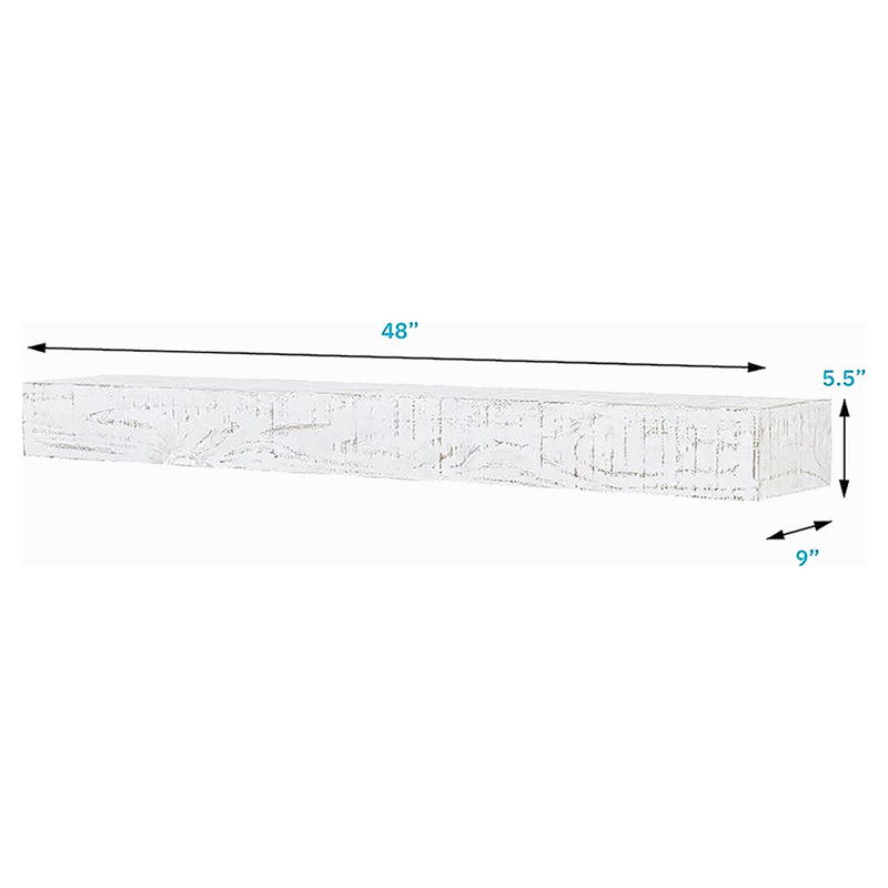 Hatteras Whitewash Pine Wood Floating Fireplace Mantel Shelf - 48 Inch