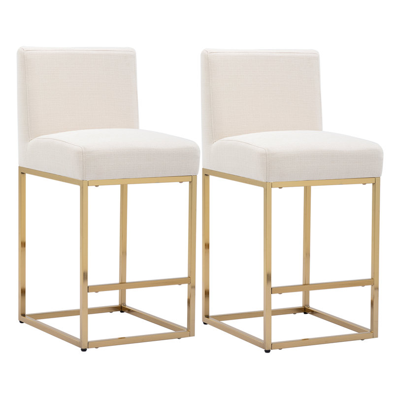 Cream Linen Upholstered Counter Stools with Black Iron Frame, Set of 2