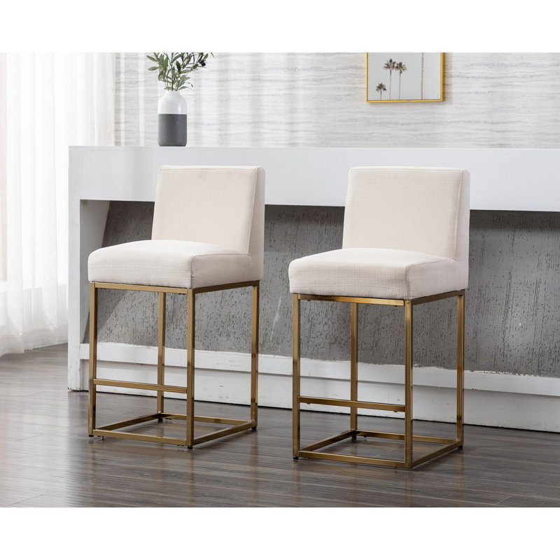 Cream Linen Upholstered Counter Stools with Black Iron Frame, Set of 2