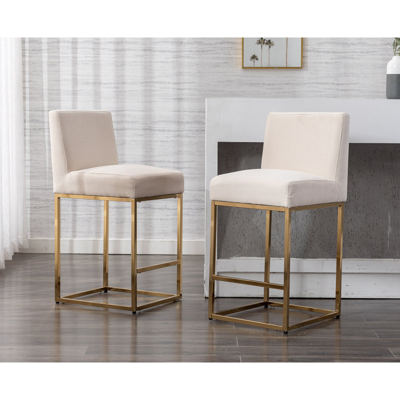 Cream Linen Upholstered Counter Stools with Black Iron Frame, Set of 2