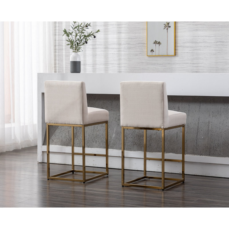 Cream Linen Upholstered Counter Stools with Black Iron Frame, Set of 2