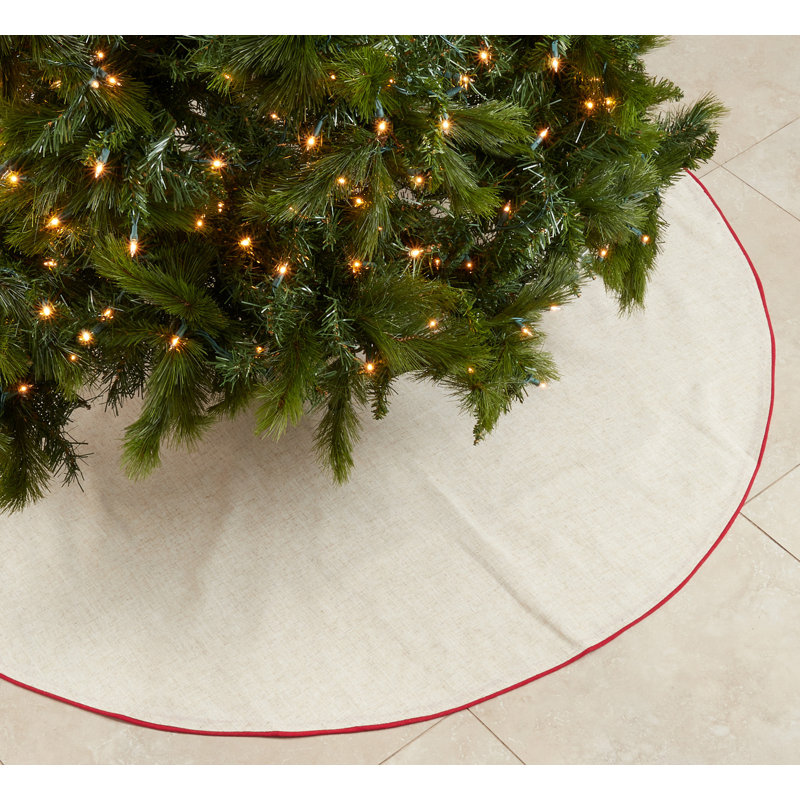72" Round Linen Christmas Tree Skirt with Red Piping