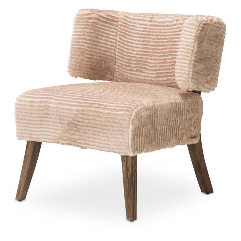 Beachside Transitional Beige Leather Slipper Chair with Wood Frame