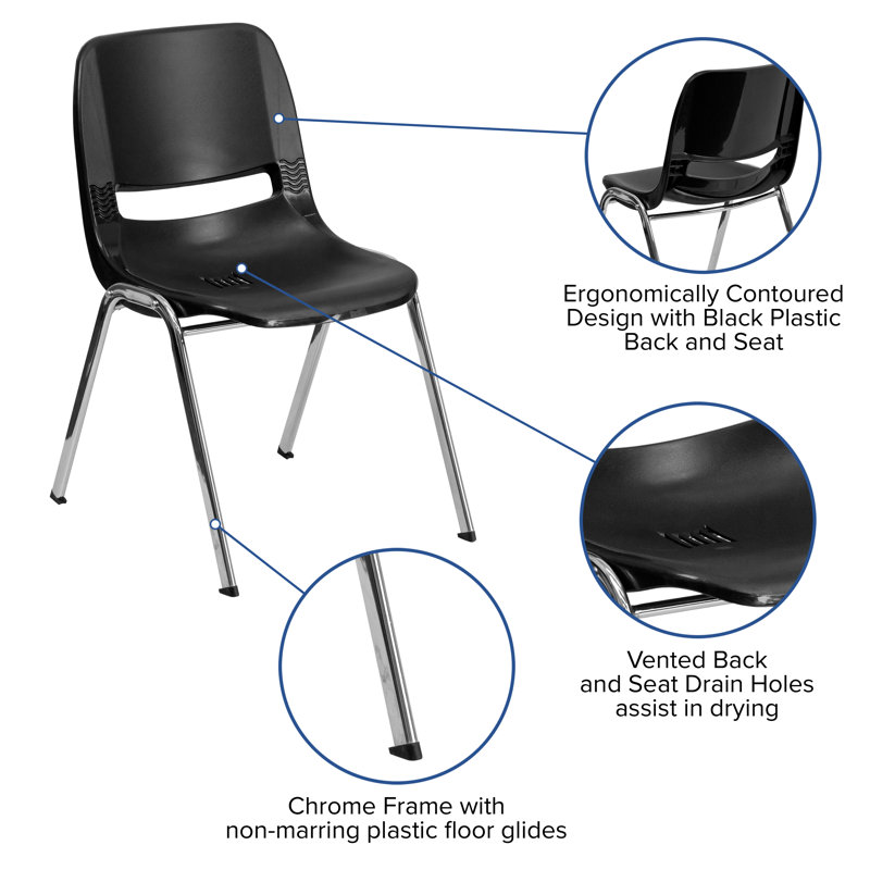 Black Ergonomic Shell Stacking Chair with Chrome Frame