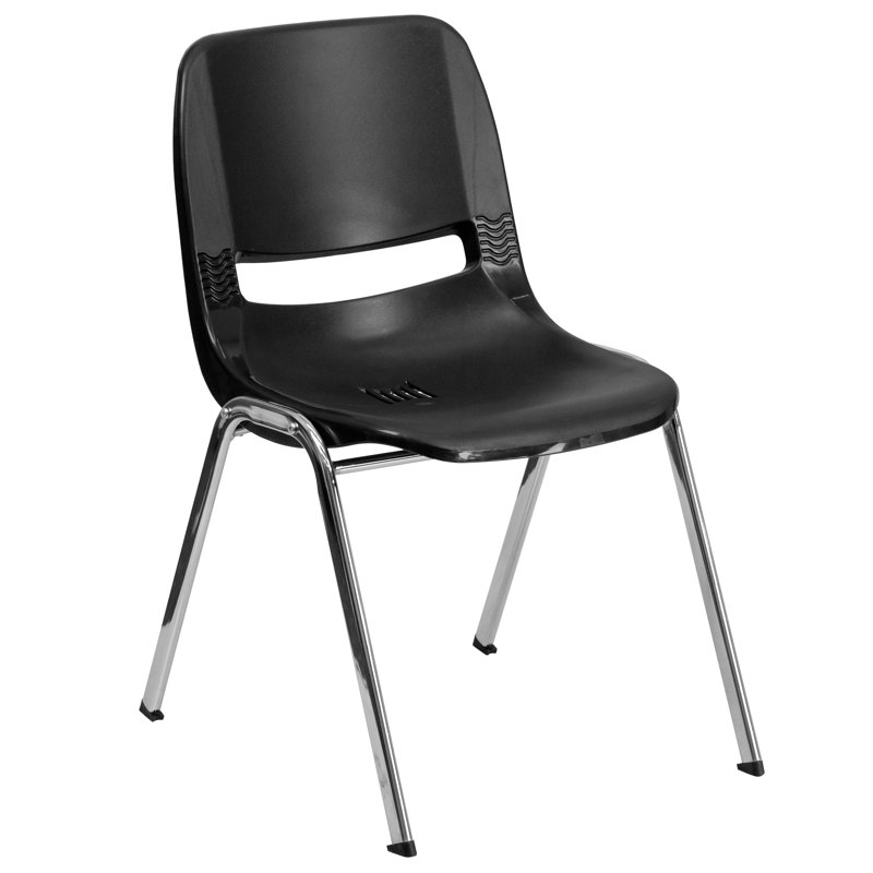 Black Ergonomic Shell Stacking Chair with Chrome Frame