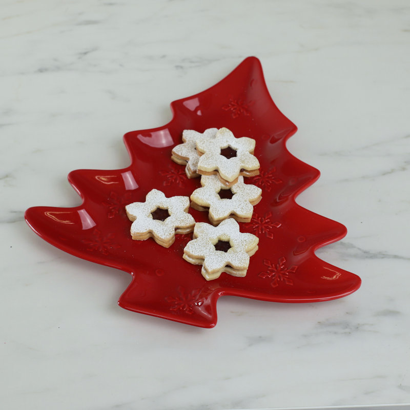 Red Ceramic Holiday Tree Shaped Platter
