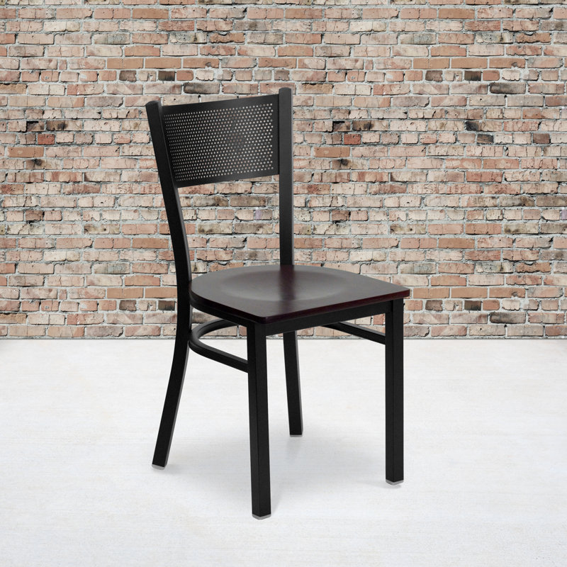Hercules Series 33'' Black Grid Back Metal Chair with Mahogany Wood Seat