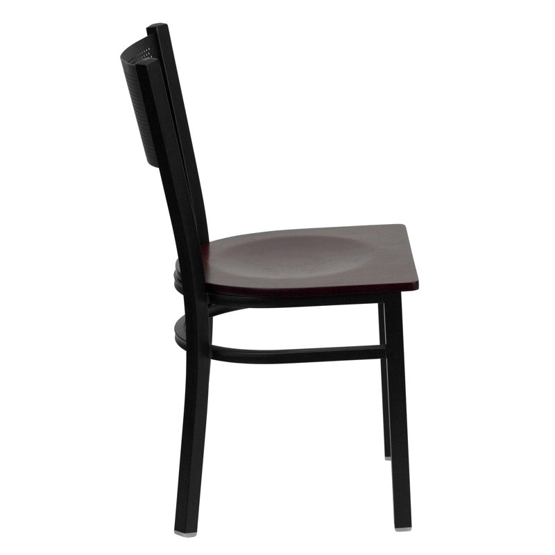 Hercules Series 33'' Black Grid Back Metal Chair with Mahogany Wood Seat