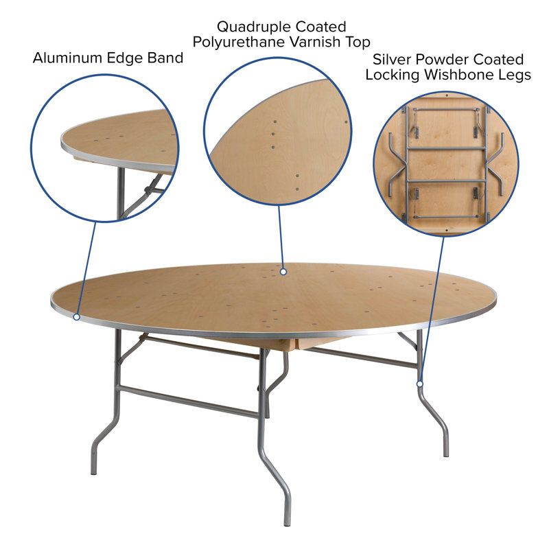 72'' Round Birchwood Folding Banquet Table with Metal Edges