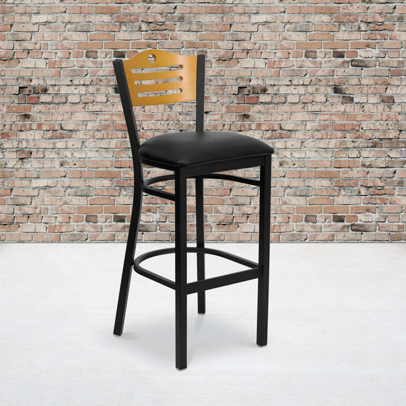 Black Metal Bar Stool with Decorative Cutout Back and Vinyl Seat