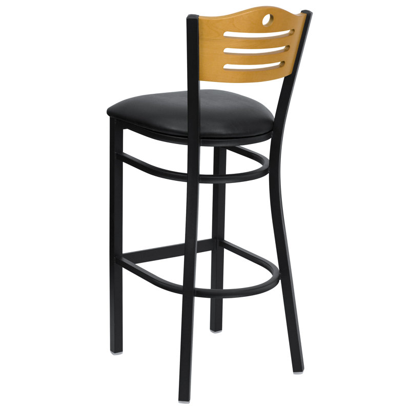 Black Metal Bar Stool with Decorative Cutout Back and Vinyl Seat