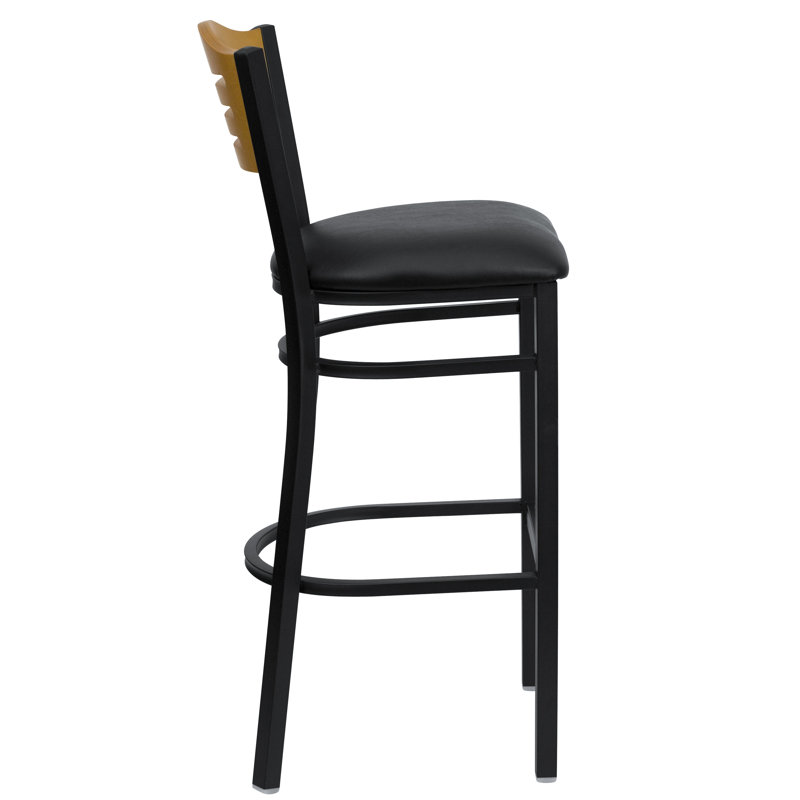 Black Metal Bar Stool with Decorative Cutout Back and Vinyl Seat