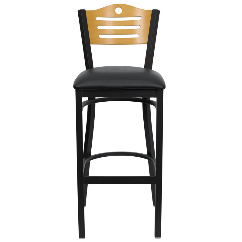 Black Metal Bar Stool with Decorative Cutout Back and Vinyl Seat